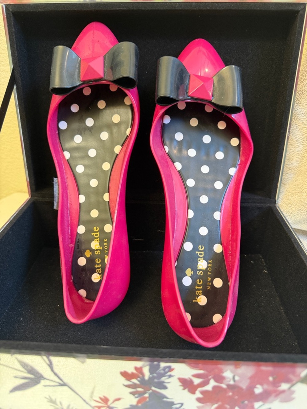 kate spade Hot Pink Pointed Bow Flats with Black Bow